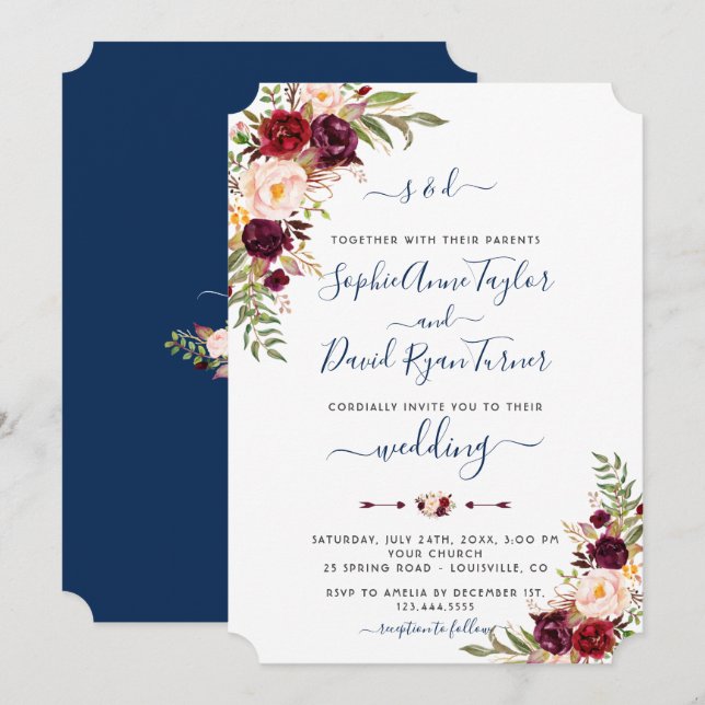 Burgundy Pink Floral Navy Blue Calligraphy Wedding Einladung (Vorne/Hinten)