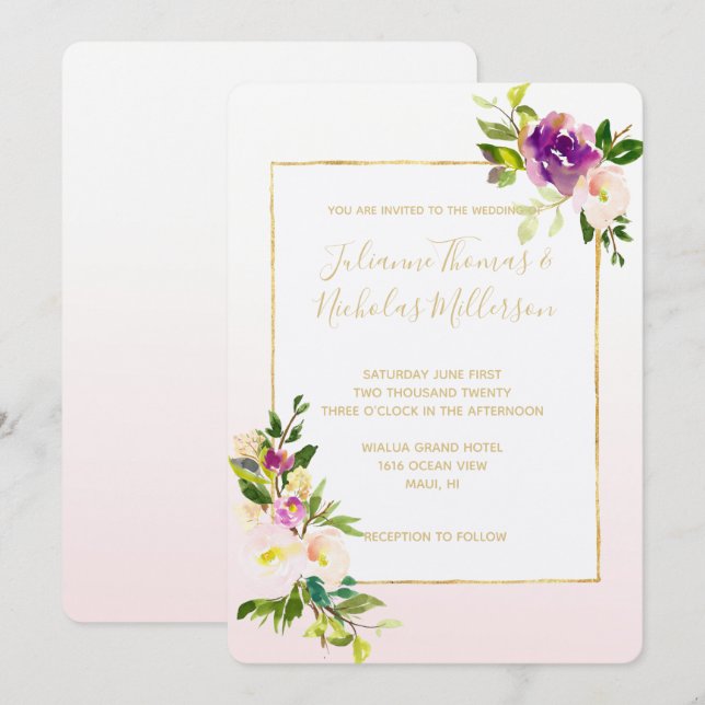 Burgundy Pink Floral Ombre Wedding Einladung (Vorne/Hinten)