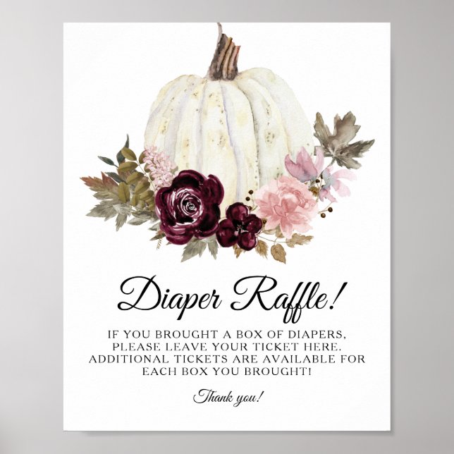 Burgundy Pink Floral Pumpkin Diaper Raffle Sign Poster (Vorne)