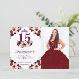 Burgundy Pink Floral Quinceanera Birthday Foto Einladung