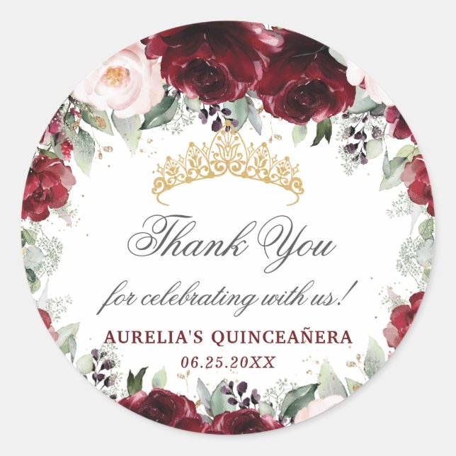 Burgundy Pink Floral Quinceanera Gefallen Vielen D Runder Aufkleber (Vorderseite)
