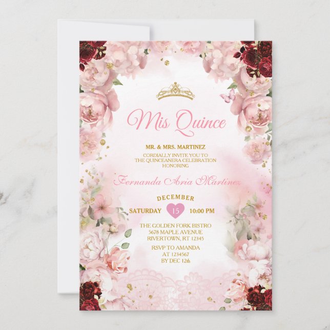 Burgundy Pink Floral Ribbon Gold Crown Mis Quince Einladung (Vorderseite)