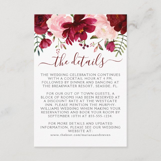 Burgundy Pink Floral Wedding Begleitkarte (Vorderseite)