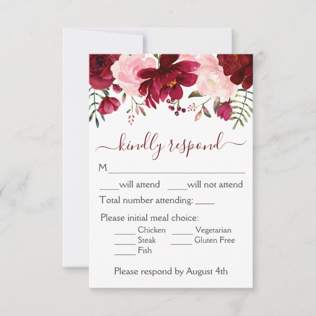 Burgundy Pink Floral Wedding RSVP Karte (Vorderseite)