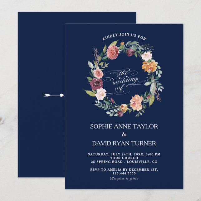 Burgundy Pink Floral Wreath Dark Blue Wedding Einladung (Vorne/Hinten)