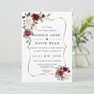 Burgundy Pink Flowers Gold All In One Wedding   Einladung