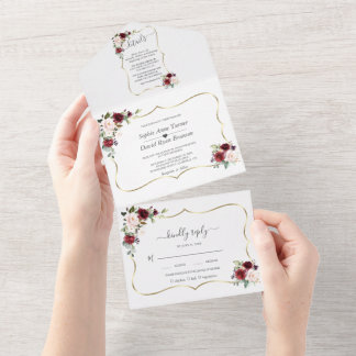 Burgundy Pink Flowers Gold Frame Wedding  All In One Einladung
