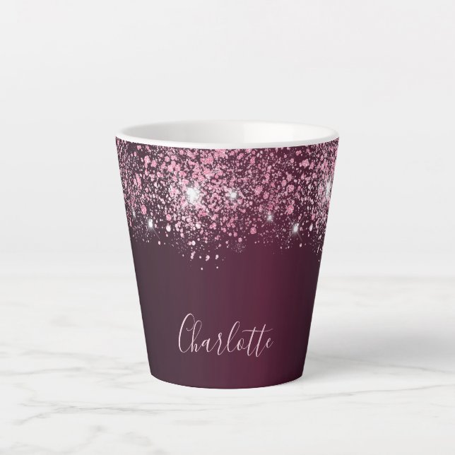 Burgundy Pink Glitzer Namenskript Milchtasse (Vorderseite)