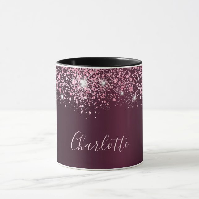 Burgundy Pink Glitzer Namenskript Tasse (Zentrum)