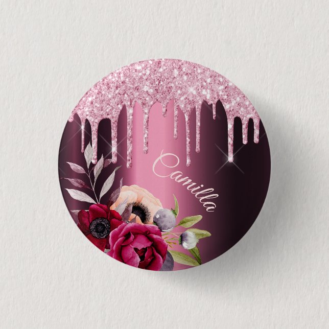 Burgundy Pink Glitzer Tropfen Metal Blumenmarke Button (Vorderseite)