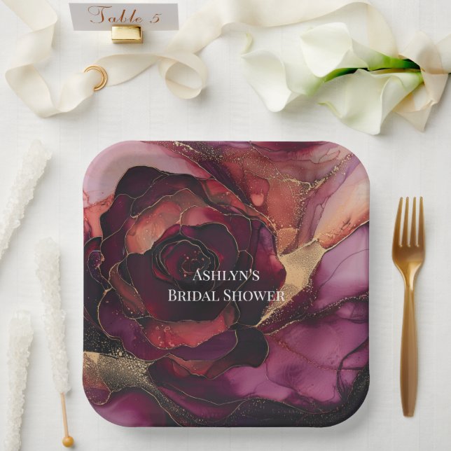 Burgundy Pink Gold Floral Brautparty Pappteller (Hochzeit)