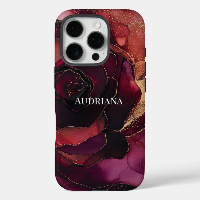 Burgundy Pink Gold Floral iPhone 16 Pro Hülle (Rückseite)