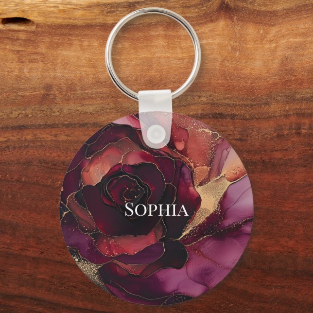 Burgundy Pink Gold Floral Schlüsselanhänger (Vorderseite)