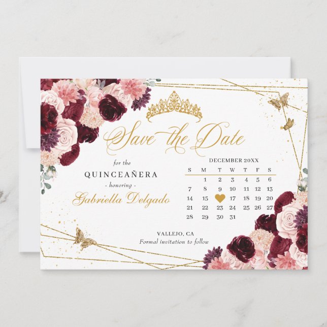 Burgundy Pink & Gold Quinceñera Save the Date Einladung (Vorderseite)