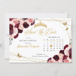 Burgundy Pink & Gold Quinceñera Save the Date Einladung