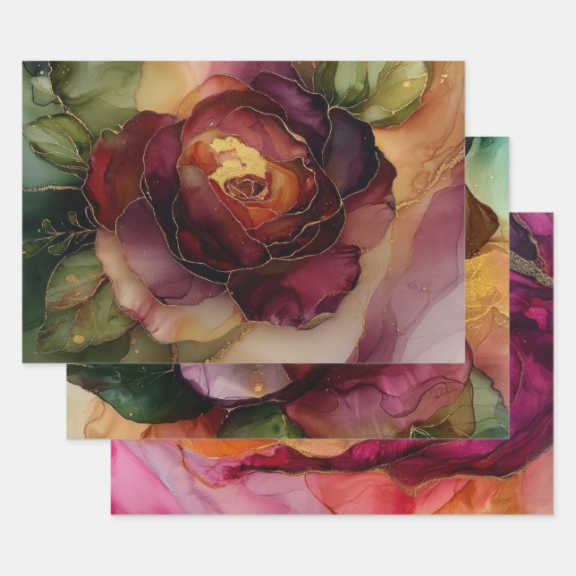 Burgundy Pink Gold Rose Blumenfloral Brautparty Geschenkpapier Set (Set)