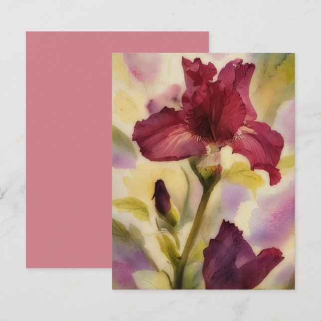 Burgundy Pink Iris Flower Art Note Card Set Mitteilungskarte (Vorne/Hinten)