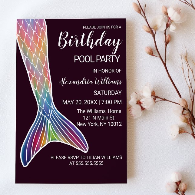 Burgundy Pink Lila Mermaid Schwanz Pool Geburtstag Einladung (Burgundy Pink Purple Mermaid Tail Pool Birthday)