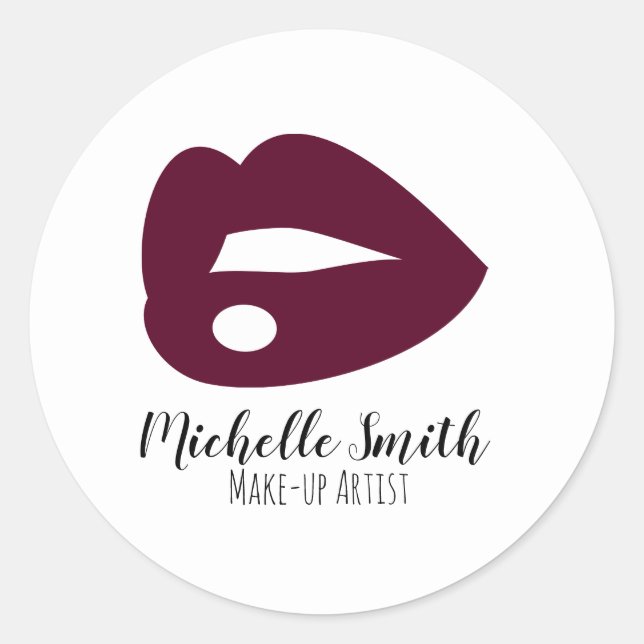 Burgundy Pink Lips Design Make-up Künstler Runder Aufkleber (Vorderseite)