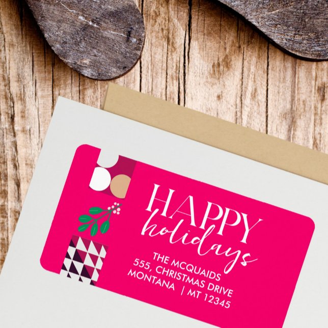 Burgundy Pink Modern Geometric Christmas Adressaufkleber (Von Creator hochgeladen)
