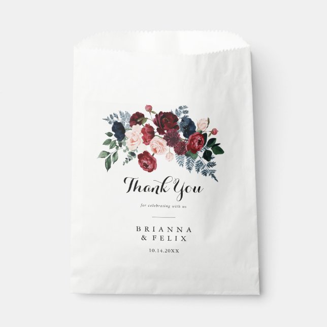 Burgundy Pink Navy Blumenfloral Danke Hochzeit Geschenktütchen (Vorderseite)