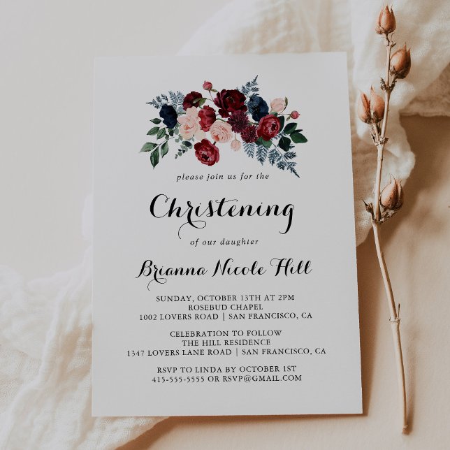 Burgundy Pink Navy Blumenkalligrafie Christening Einladung (Von Creator hochgeladen)