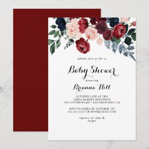 Burgundy Pink Navy Blumenkalligrafie Kinderdusche Einladung