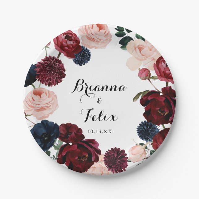 Burgundy Pink Navy Blumenkuchen Pappteller (Vorderseite)