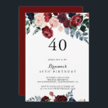 Burgundy Pink Navy Floral 40. Geburtstag Party Einladung<br><div class="desc">Diese bordeauxrosa Party Einladung mit Blumenmuster aus dem 40. Jubiläum eignet sich perfekt für eine rustikale Geburtstagsparty. Die Einrichtung besteht aus Aquarellpink,  Rosa,  Blau,  Marinebäume,  Blauen und Bordeaux,  Rose mit grünem Blattwerk,  die schön zu eleganten Bouquets zusammengefügt sind.</div>