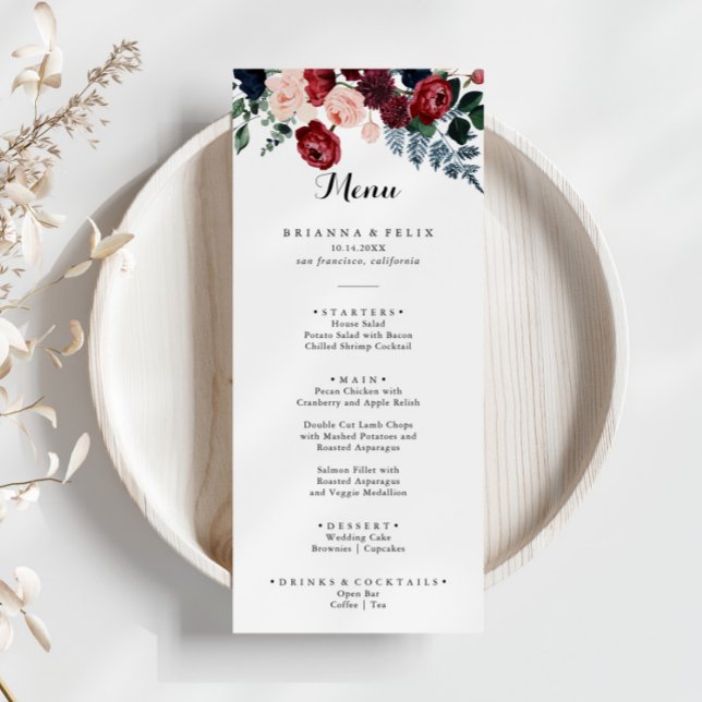 Burgundy Pink Navy Floral Diner Menu (Créateur téléchargé)