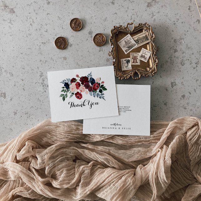 Burgundy Pink Navy Floral Flat Wedding Dankeskarte (Von Creator hochgeladen)