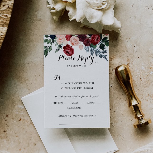 Burgundy Pink Navy Floral Mariage Menu Choix RSVP (Créateur téléchargé)