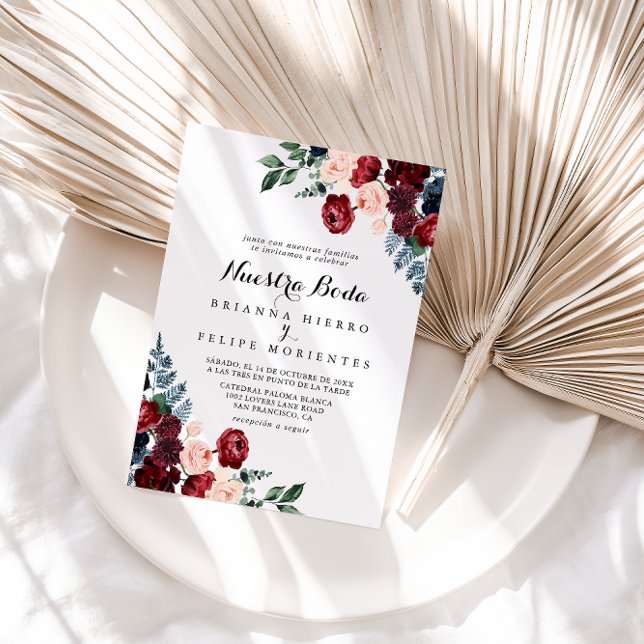 Burgundy Pink Navy Floral Nuestra Boda Wedding Einladung (Von Creator hochgeladen)