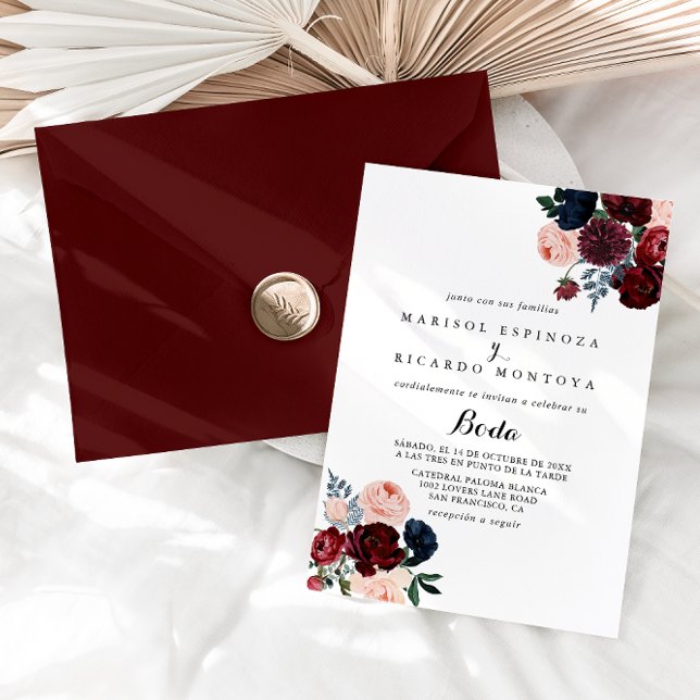 Burgundy Pink Navy Spanische Hochzeit mit Flora Einladung (Von Creator hochgeladen)