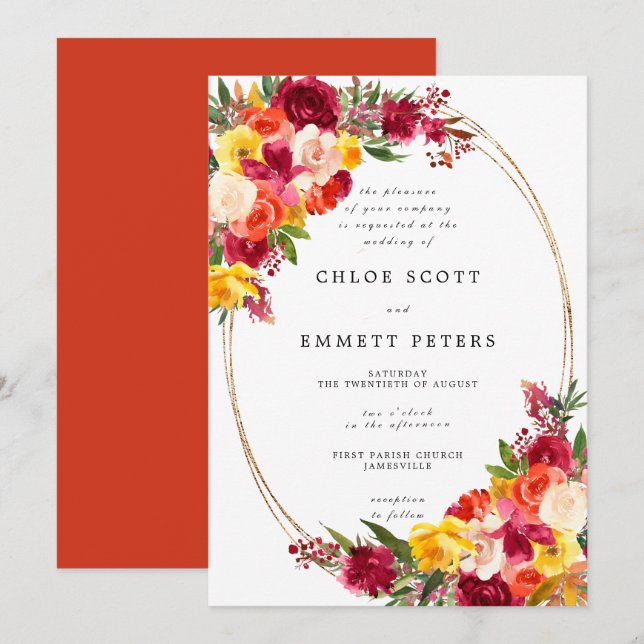 Burgundy Pink Orange Yellow Floral Wedding Einladung (Vorne/Hinten)