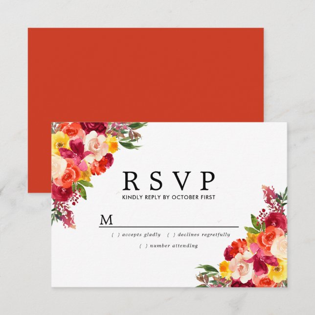 Burgundy Pink Orange Yellow Floral Wedding RSVP Karte (Vorne/Hinten)