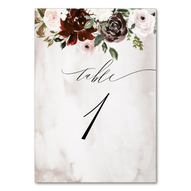 Burgundy Pink Rose Aquarell Floral Nr. 1 Hochzeit Tischnummer (Vorderseite)