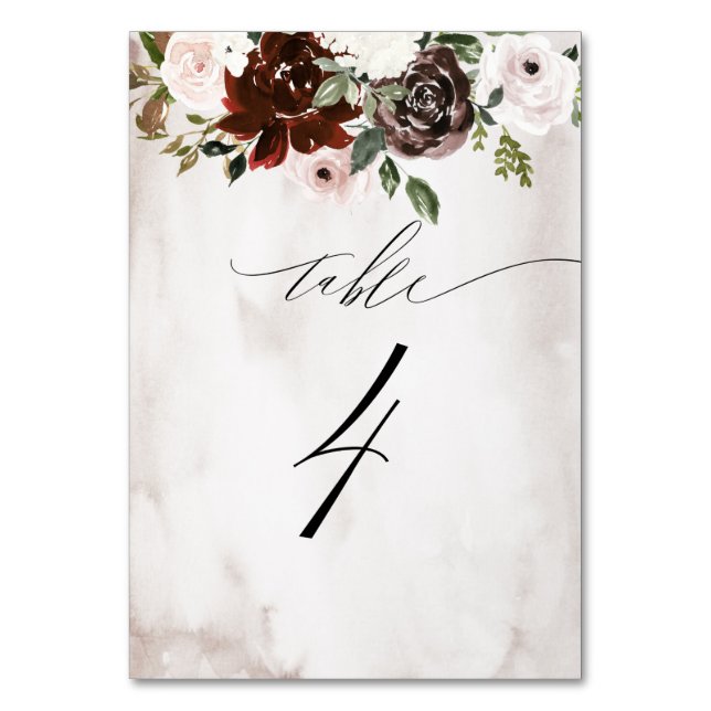 Burgundy Pink Rose Aquarell Floral Nr. 4 Hochzeit Tischnummer (Vorderseite)