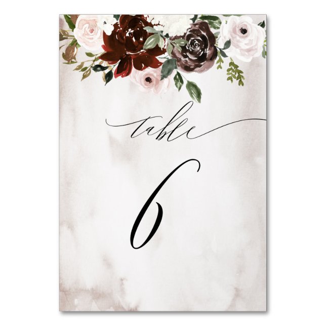 Burgundy Pink Rose Aquarell Floral Nr. 6 Hochzeit Tischnummer (Vorderseite)