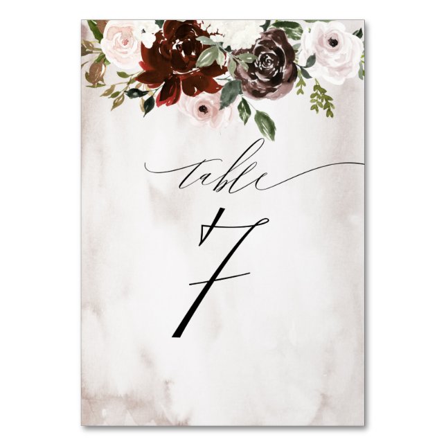 Burgundy Pink Rose Aquarell Floral Nr. 7 Hochzeit Tischnummer (Vorderseite)