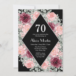 Burgundy Pink Rose Flora Black 70. Geburtstag Einladung