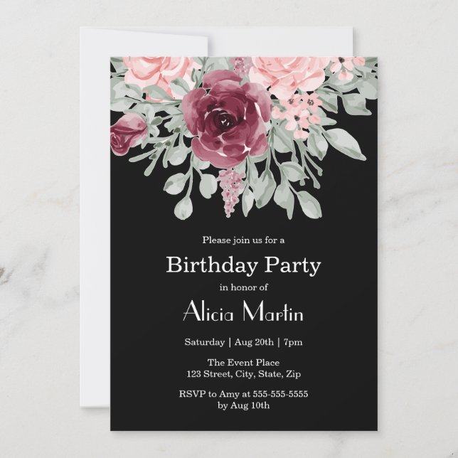 Burgundy Pink Rose Flora Black Birthday Party Einladung (Vorderseite)