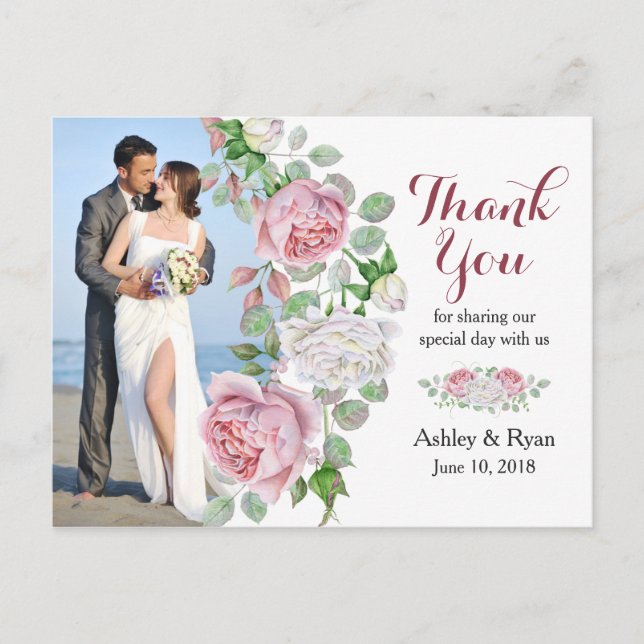 Burgundy Pink Rose Foto Wedding Vielen Dank Postkarte (Vorderseite)