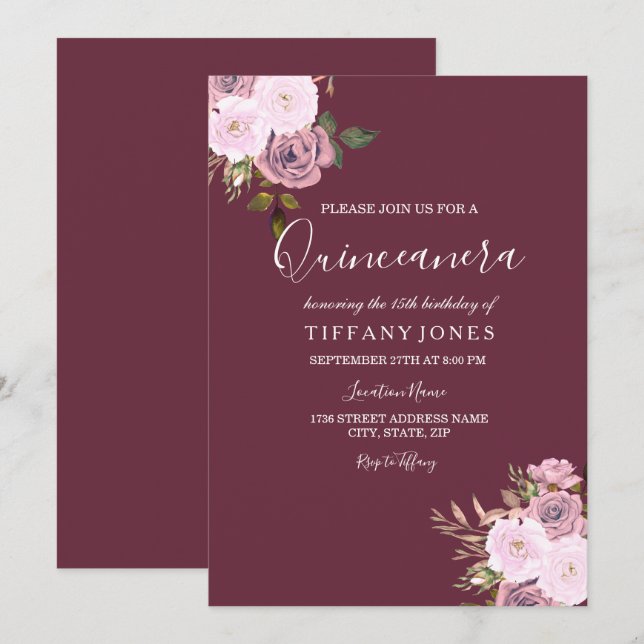 Burgundy Pink & Rose Gold Quinceanera Einladung (Vorne/Hinten)