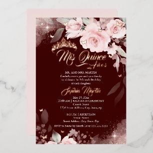 Burgundy Pink Rose Mis Quince Quinceanera Folieneinladung