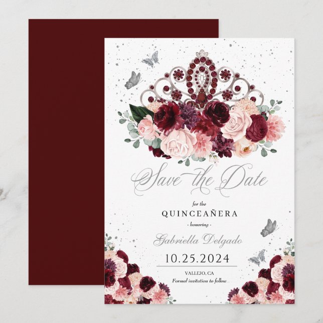 Burgundy Pink Tiara Save the Date Quinceañera Einladung (Vorne/Hinten)