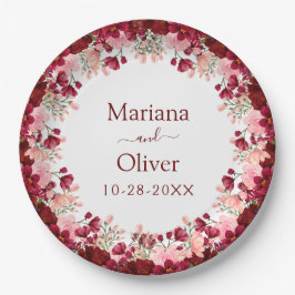 Burgundy Pink Watercolor Floral Wedding Pappteller