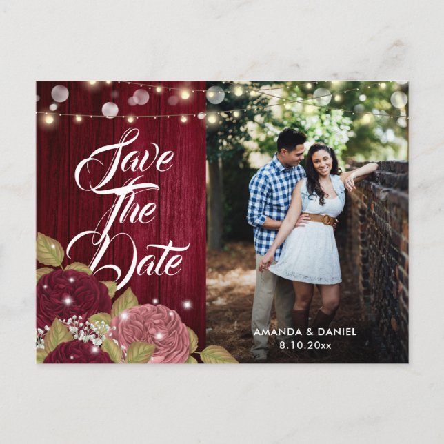 Burgundy Pink Wedding Foto Save the Date Postcard Ankündigungspostkarte (Vorderseite)
