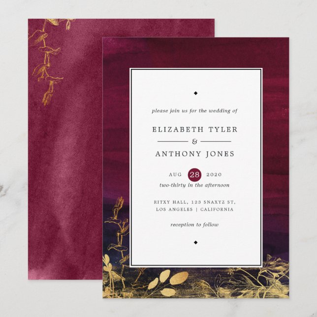 Burgundy Plum and Gold Watercolor Wedding Einladung (Vorne/Hinten)