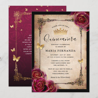 Burgundy Plum Gold Elegante Rose Quinceanera Einladung
